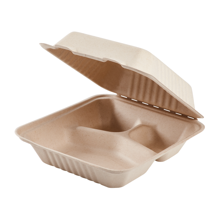 Karat Earth 8 x 8 Fiber Hinged Container | 3-Compartment | White | PFAS-Free