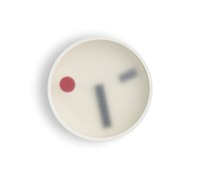 Front view of White Kehai Clock by Koizumi Studio against white background.