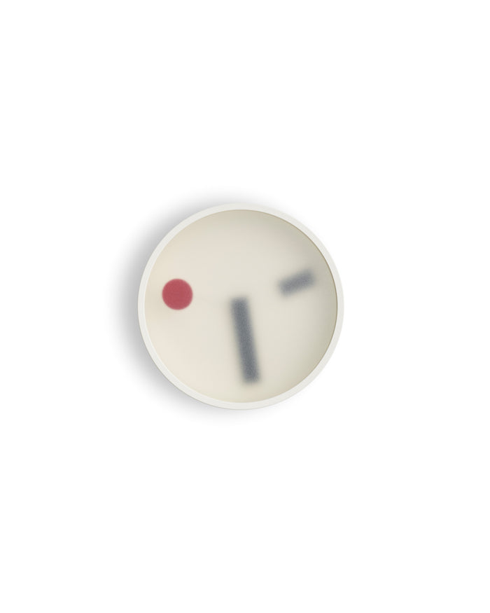 Zoomed out front view of White Kehai Clock by Koizumi Studio against white background.