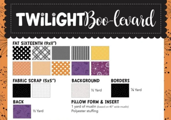 Kimberbell Twilight Boo-levard Fabric Kit CUT IN OUR STORE.  There are 3 Subs for fabrics that have been discontinued.