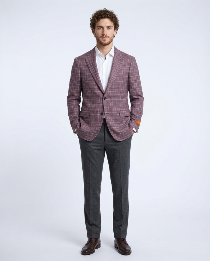 Label E Mens Burgundy Plaid Classic Fit Stretch 2 Button Blazer Sportcoat