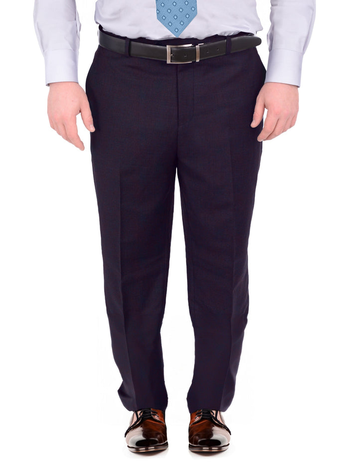 Label M Mens Portly Fit Solid Navy Blue Flat Front 100% Wool Dress Pants - The Suit Depot