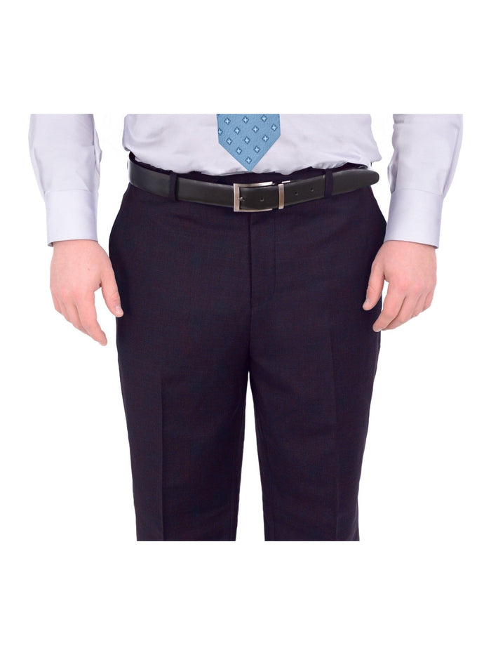 Label M Mens Portly Fit Solid Navy Blue Flat Front 100% Wool Dress Pants - The Suit Depot