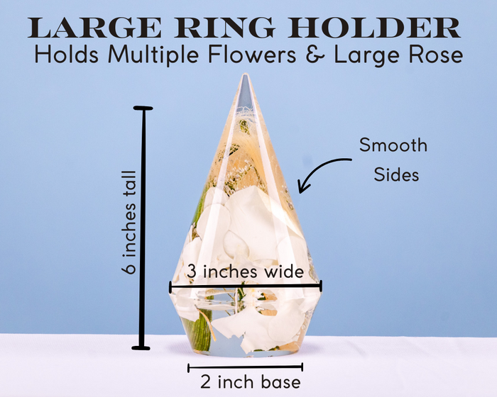 Large preserved flower ring holder shown as a wedding gift for newlyweds, styled graphic