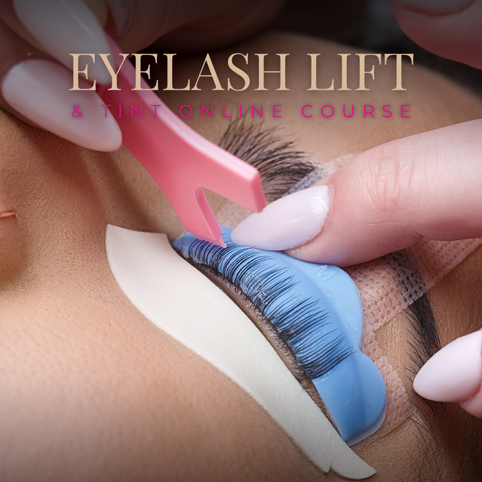 Eyelash lift and tint process with tools and text overlay on a close-up of eyelashes.