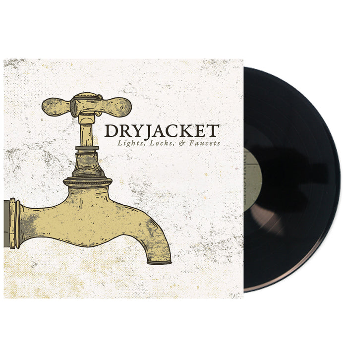 A vinyl record partially pulled from its sleeve, featuring an illustrated vintage faucet on a textured off-white cover with the text 'DRYJACKET' and 'Lights, Locks, & Faucets.'.