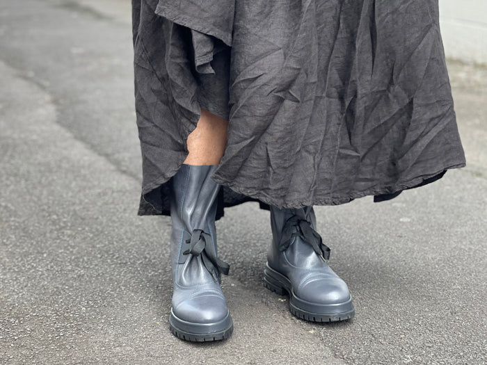 Grungy combat style boot. European, made in Italy from quality, soft leathers. Rugged and robust sole unit, comfortable women's boots. In slate colour