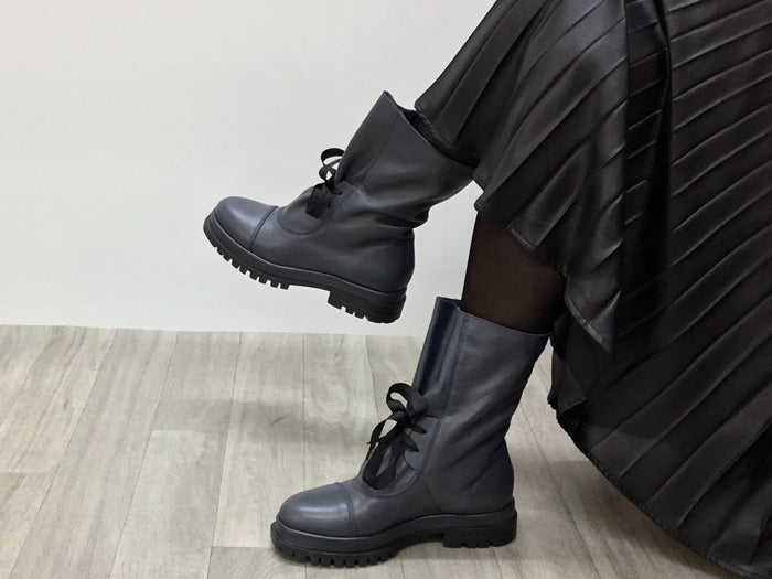 Grungy combat style boot. European, made in Italy from quality, soft leathers. Rugged and robust sole unit, comfortable women's boots. In slate colour