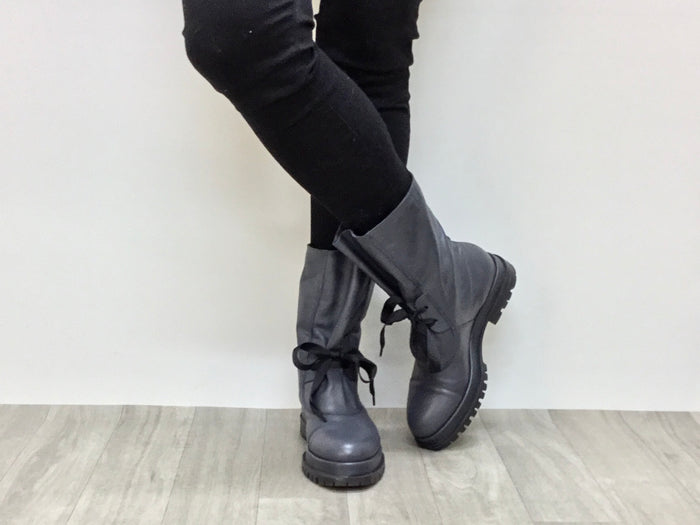 Grungy combat style boot. European, made in Italy from quality, soft leathers. Rugged and robust sole unit, comfortable women's boots. In slate colour