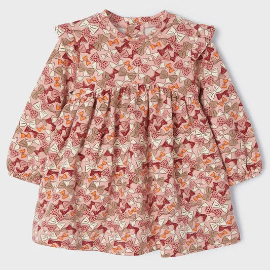 Mayoral baby girl long sleeve dress in Rubor pink multi print with gathered skirt and back snap-button fastening.