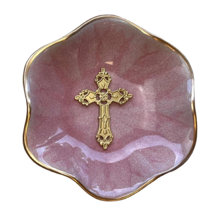 lotus flower cross jewelry dish pink