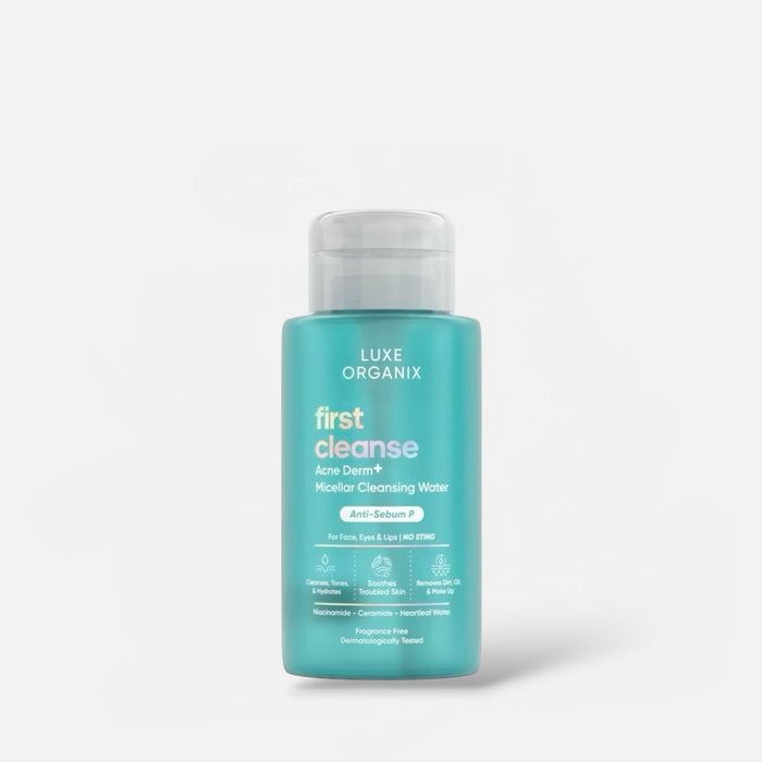 Luxe Organix First Cleanse Acne Derm+ Micellar Cleansing Water 300ml ماء التنظيف الميسيلار لوكس أورجانيكس فيرست كلينز لعلاج حب الشباب ديرم+ - Princess Cosmetics Qatar