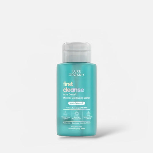 Luxe Organix First Cleanse Acne Derm+ Micellar Cleansing Water 300ml ماء التنظيف الميسيلار لوكس أورجانيكس فيرست كلينز لعلاج حب الشباب ديرم+ - Princess Cosmetics Qatar