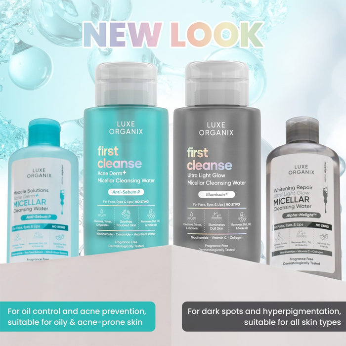 Luxe Organix First Cleanse Acne Derm+ Micellar Cleansing Water 300ml ماء التنظيف الميسيلار لوكس أورجانيكس فيرست كلينز لعلاج حب الشباب ديرم+ - Princess Cosmetics Qatar