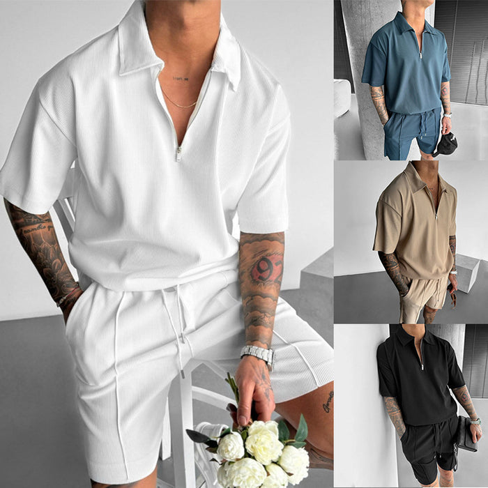 Men's 2-Piece Polo Set - Zipper Shirt & Drawstring Shorts Summer Outfit