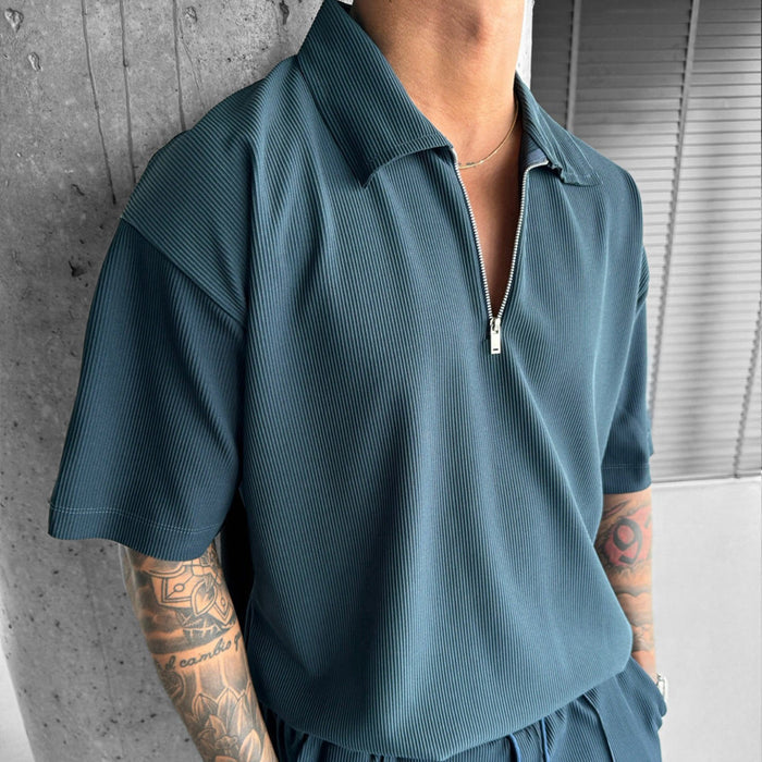 Men's 2-Piece Polo Set - Zipper Shirt & Drawstring Shorts Summer Outfit
