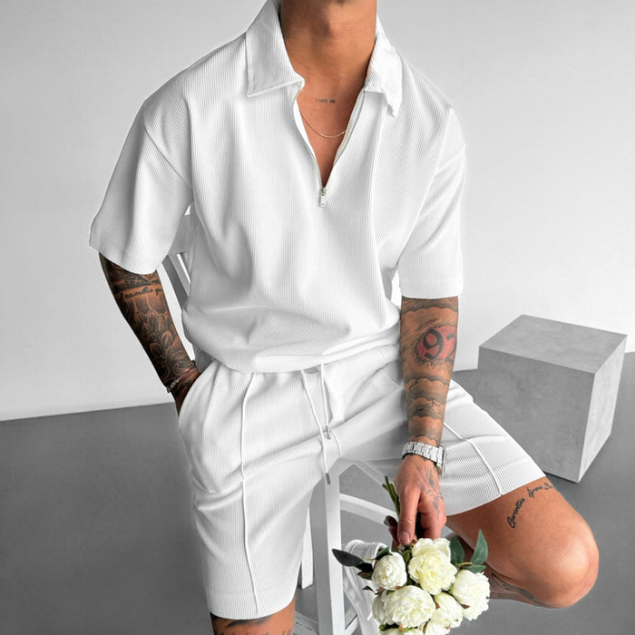 Men's 2-Piece Polo Set - Zipper Shirt & Drawstring Shorts Summer Outfit