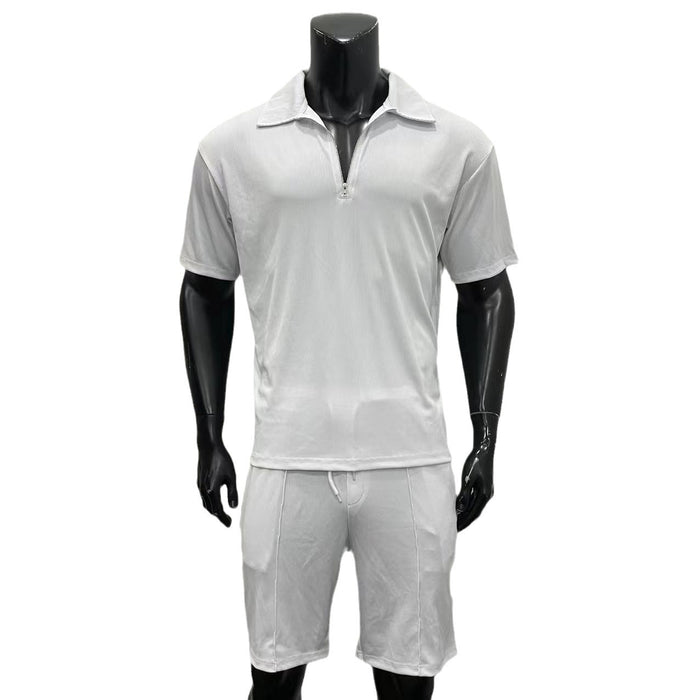 Men's 2-Piece Polo Set - Zipper Shirt & Drawstring Shorts Summer Outfit