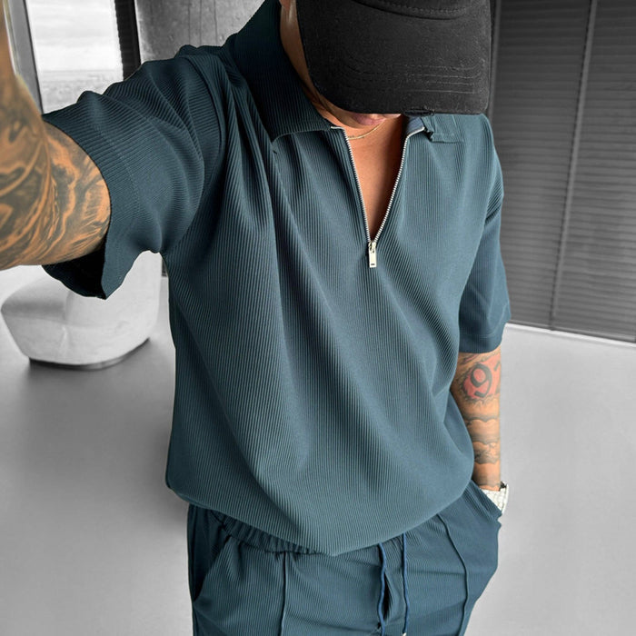 Men's 2-Piece Polo Set - Zipper Shirt & Drawstring Shorts Summer Outfit