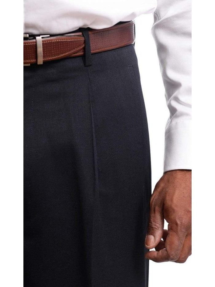 Black Diamond PANTS Mens Black Diamond Classic Fit Solid Navy Blue Pleated Wool Dress Pants
