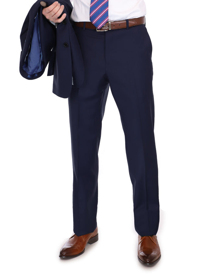 Men's Blujacket Navy Blue 100% Wool Slim Fit Dress Pants - The Suit Depot