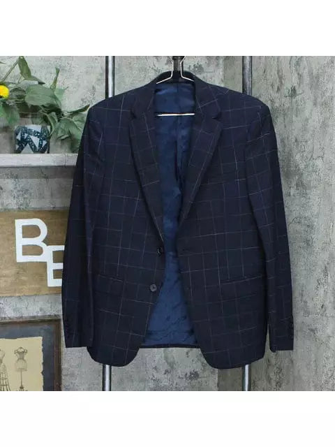 Calvin Klein Blazer Men's Calvin Klein Navy Blue Windowpane Slim Fit Wool Blazer