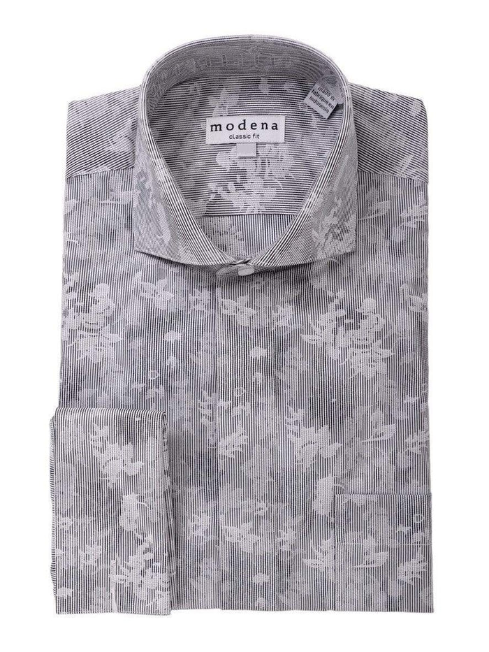 Modena SHIRTS Mens Classic Fit Black Pinstriped Floral French Cuff Cotton Blend Dress Shirt