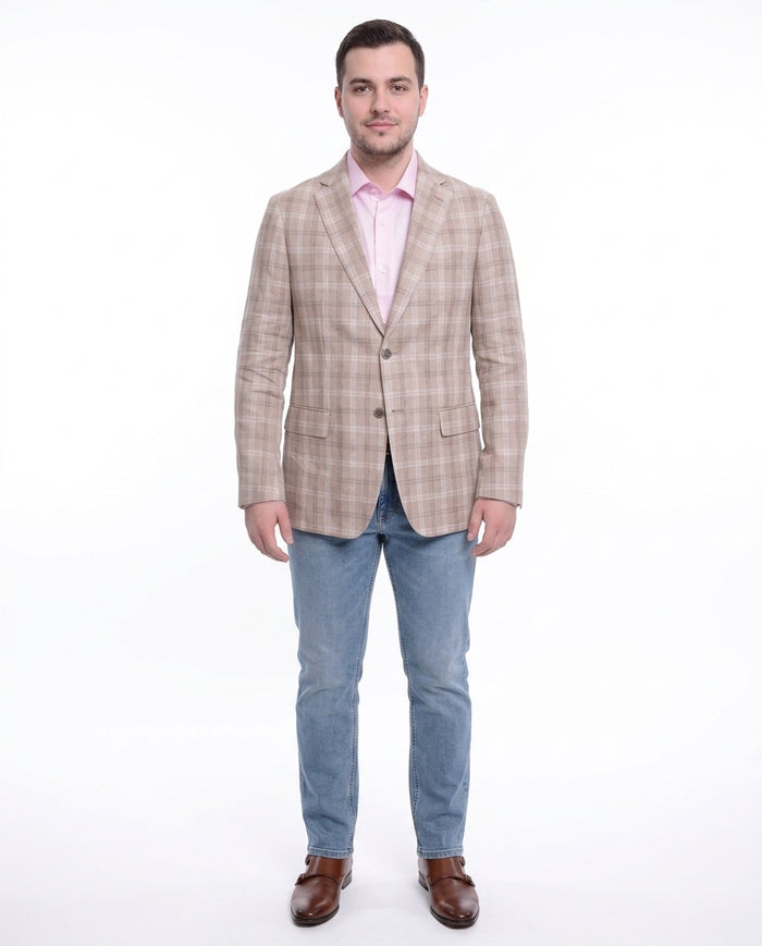 Mens Classic Fit Tan With White & Brown Plaid Two Button Linen Blazer Sportcoat