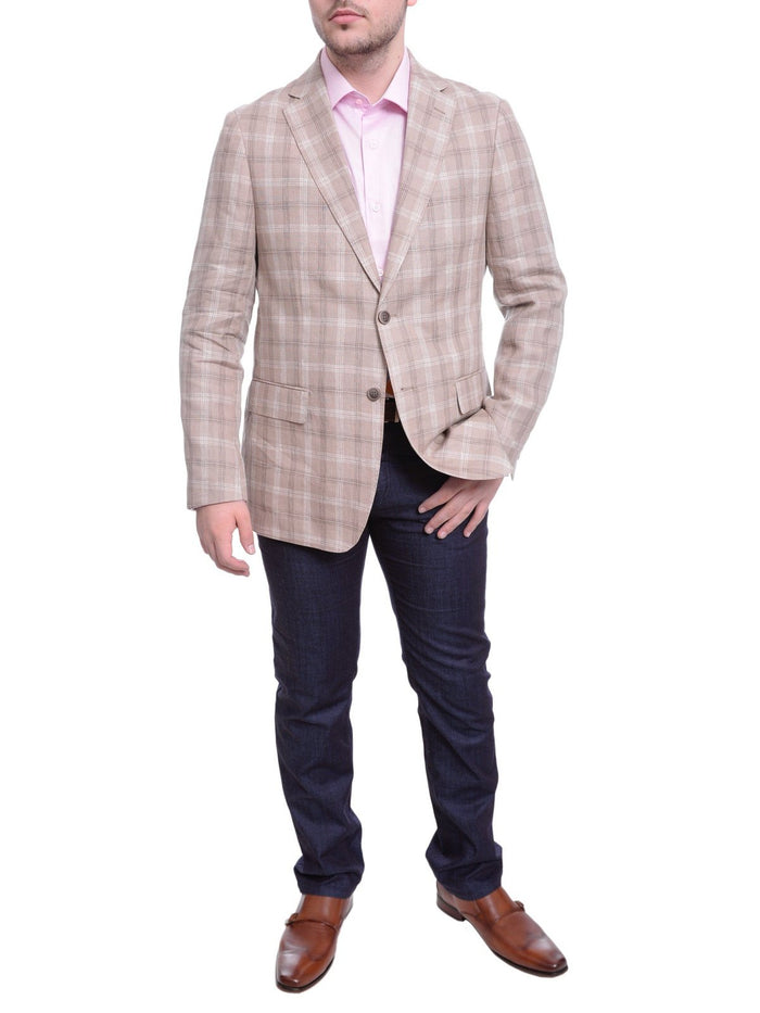 Label E BLAZERS Mens Classic Fit Tan With White & Brown Plaid Two Button Linen Blazer Sportcoat