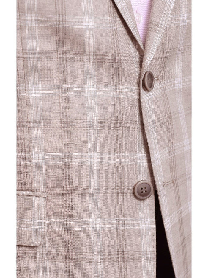 Label E BLAZERS Mens Classic Fit Tan With White & Brown Plaid Two Button Linen Blazer Sportcoat