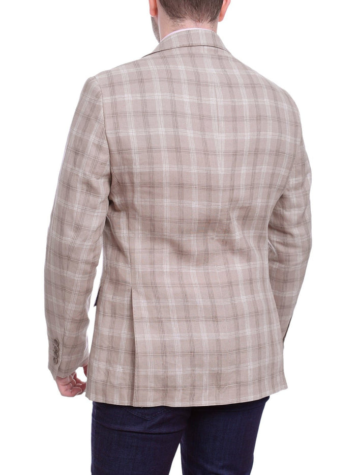 Label E BLAZERS Mens Classic Fit Tan With White & Brown Plaid Two Button Linen Blazer Sportcoat