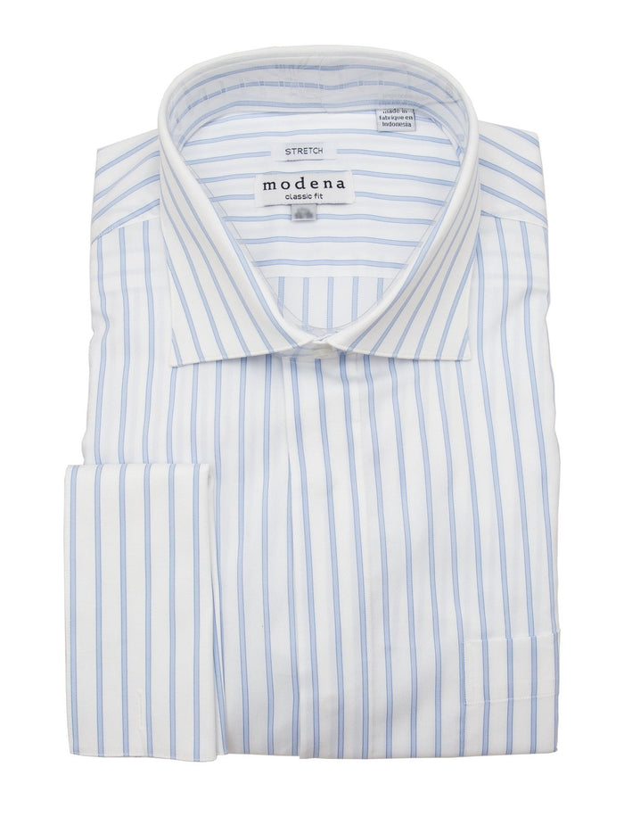 Brand M SHIRTS Mens Cotton Blue Striped Classic Fit Cutaway Collar Stretch Dress Shirt