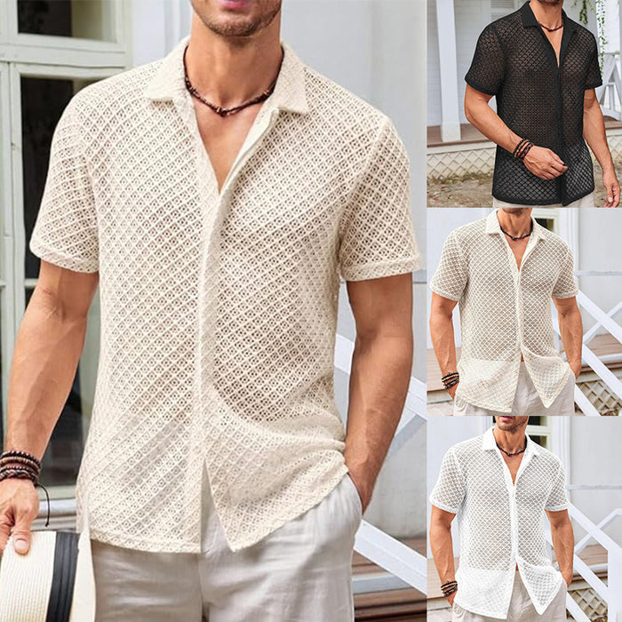 Men's Mesh Beach Shirt - Short Sleeve Lapel Summer Top