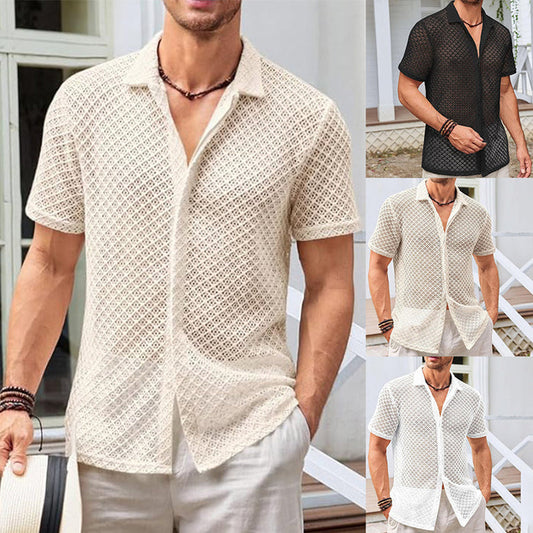 Men's Mesh Beach Shirt - Short Sleeve Lapel Summer Top
