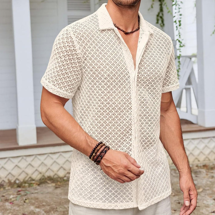 Men's Mesh Beach Shirt - Short Sleeve Lapel Summer Top