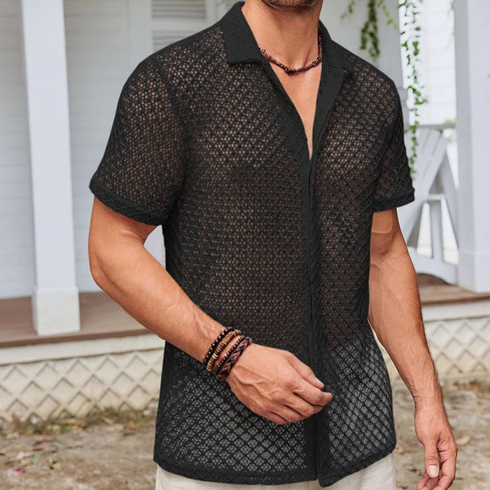 Men's Mesh Beach Shirt - Short Sleeve Lapel Summer Top