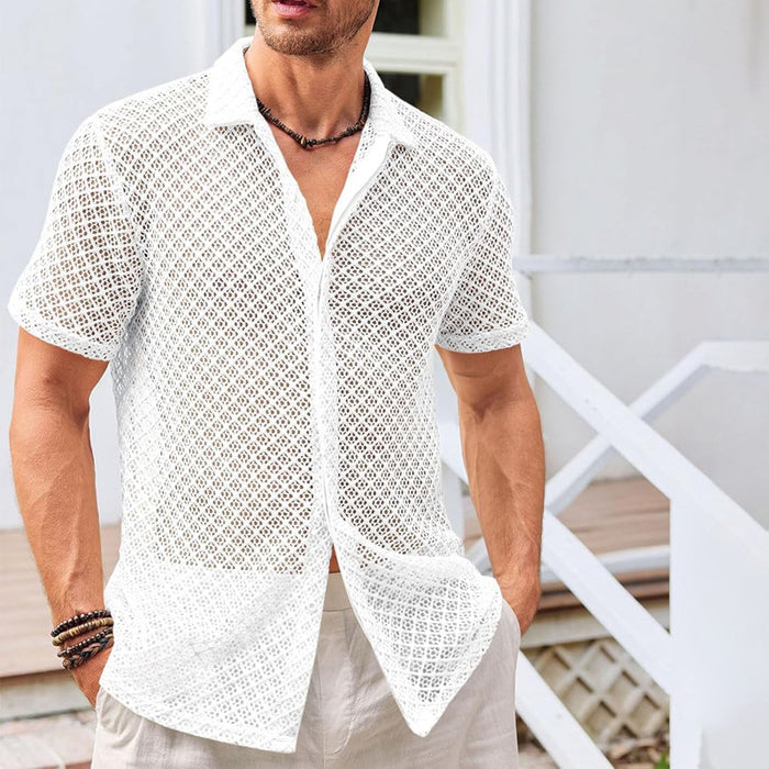 Men's Mesh Beach Shirt - Short Sleeve Lapel Summer Top