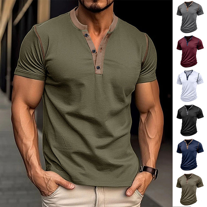 Men's Short Sleeve Polo Shirt - V-Neck Button-Up