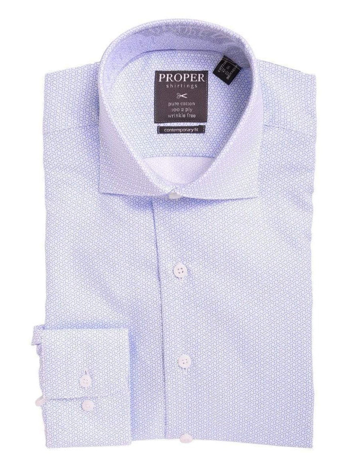 Proper Shirtings SHIRTS Mens Slim Fit Blue & White Geometric Pattern Spread Collar Cotton Dress Shirt