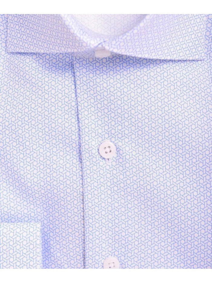 Proper Shirtings SHIRTS Mens Slim Fit Blue & White Geometric Pattern Spread Collar Cotton Dress Shirt