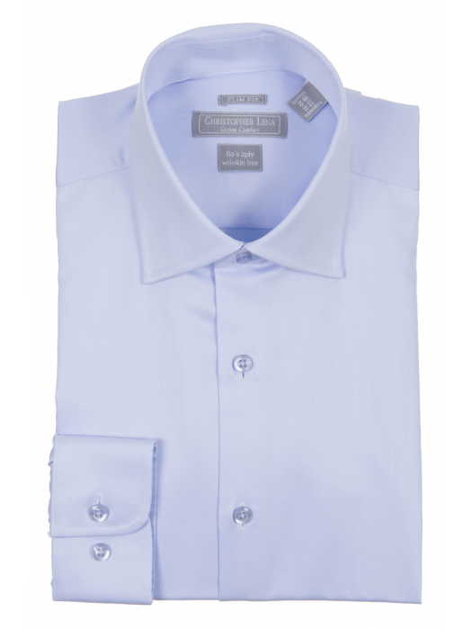 Men's Slim Fit Light Blue Spread Collar Wrinkle Free 100% Cotton Dress Shirt - The Suit Depot