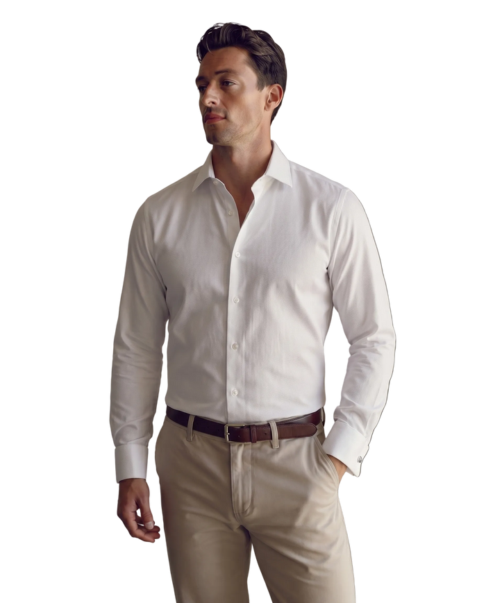 Mens Slim Fit White Textured Spread French Cuff Wrinkle Free Cotton Dress Shirt - The Suit Depot