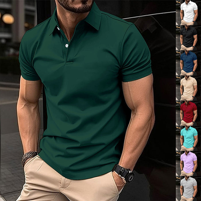 Men's Solid Polo Shirt - Short Sleeve Button Lapel Top