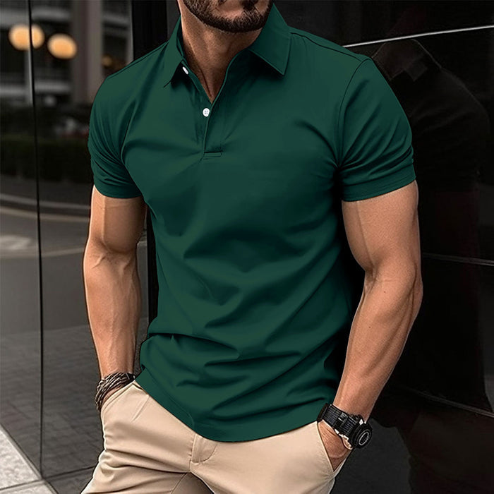 Men's Solid Polo Shirt - Short Sleeve Button Lapel Top