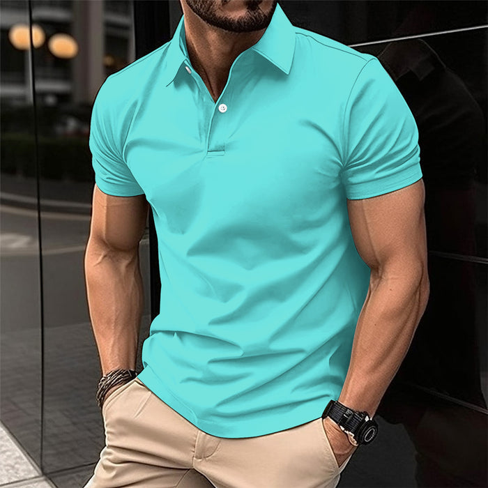 Men's Solid Polo Shirt - Short Sleeve Button Lapel Top