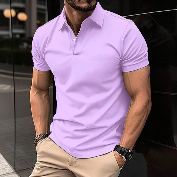 Men's Solid Polo Shirt - Short Sleeve Button Lapel Top