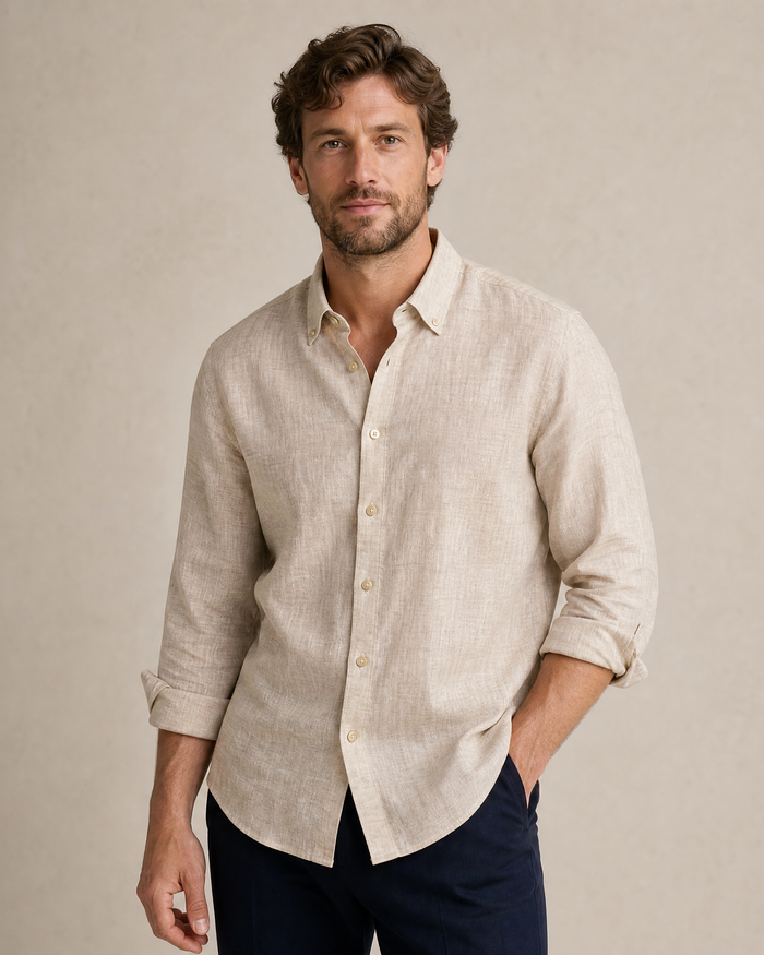 Mens Tan Modern Fit Spread Collar 100% Linen Dress Shirt