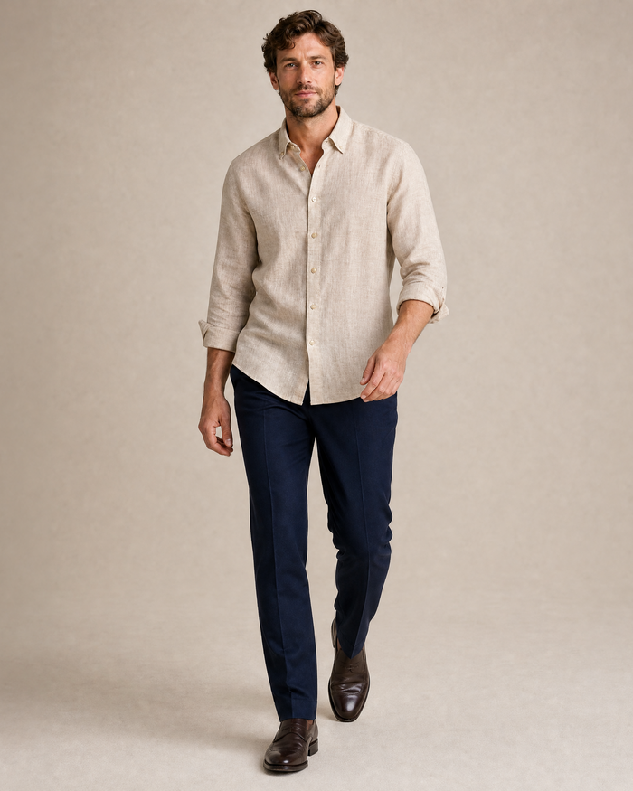 Mens Tan Modern Fit Spread Collar 100% Linen Dress Shirt