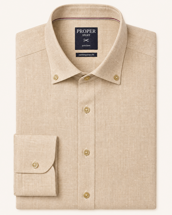 Mens Tan Modern Fit Spread Collar 100% Linen Dress Shirt