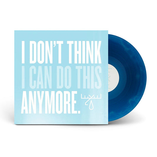 A blue marbled Moose Blood vinyl record slides out of a matching album cover reading, “I DON’T THINK I CAN DO THIS ANYMORE.” in bold white text on light blue, with a small dripping symbol below the LP track listing.